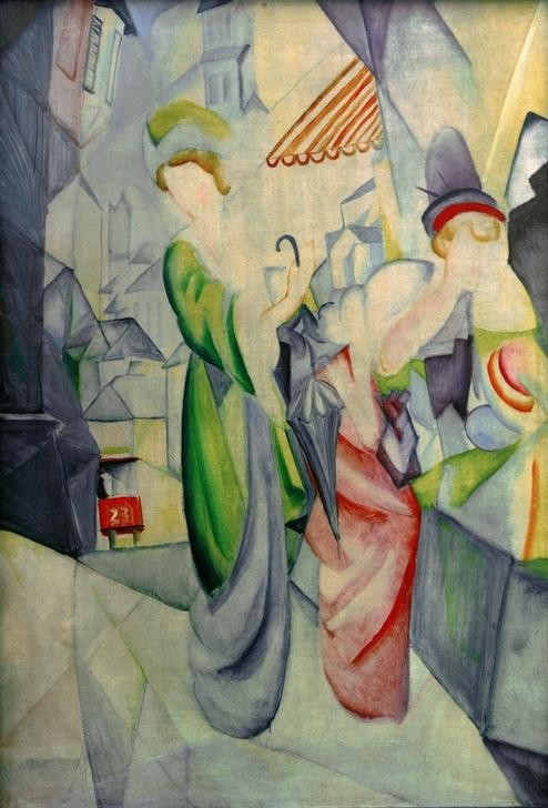 August Macke, Helle Frauen vor dem Hutladen (Deutsche Kunst,Handel,Mode,Schaufenster,Strassenszene,Szene,Expressionismus,Hutgeschäft,Abstrakte Kunst,Einkauf,Betrachten,Stadtbummel,Markise,Einkaufsbummel,Passantin,Vorkriegszeit,Schirm)