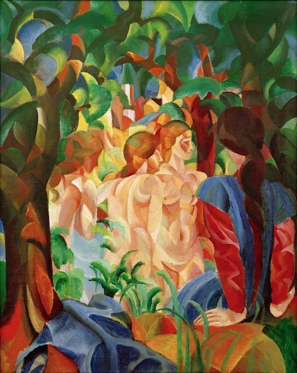 August Macke, Badende Mädchen mit Stadt im Hintergrund (Körperpflege,Bad Im Freien,Bad,Deutsche Kunst,Frau,Kunst,Akt,Expressionismus,Der Blaue Reiter,Frauenleben)