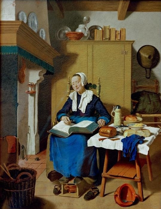 Jean-Étienne Liotard, Alte Frau (Brot,Buch,Essgeschirr,Essen Und Trinken,Frau,Küche,Mensch,Volkskunde,Nahrungsmittel,Tisch,Lesen (Allgemein),Interieur,Kopie,Haube,Genre,Niederländische Kunst,Korb,Schweizerische Kunst,Käse,Lehnstuhl,Fussbank,Frauenleben,Leserin,Gedeckter Tisch,Alte Frau,S)