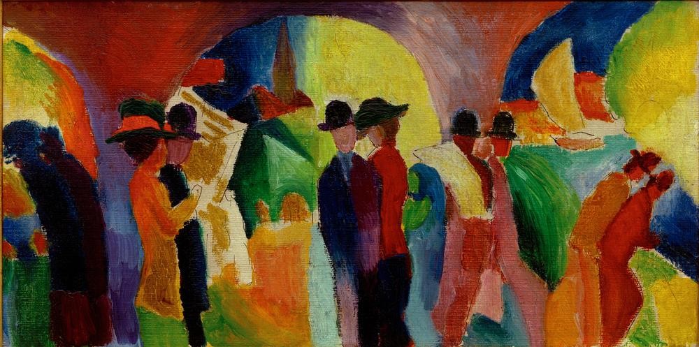 August Macke, Kolonnade mit Segelboot I (Deutsche Kunst,Verkehr,Segelboot,Kolonnade,Expressionismus,Der Blaue Reiter,Fussgänger,Stadtbummel,Passant)