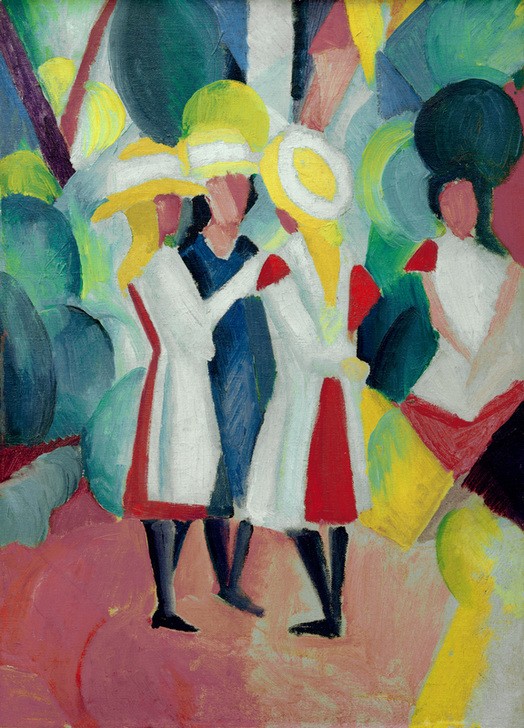 August Macke, Drei Mädchen mit gelben Strohhüten I (Deutsche Kunst,Gruppenbild,Kind,Kopfbedeckung,Kunst,Mädchen,Mensch,Mode,Freizeit,Spaziergang,Hut,Uniform,Expressionismus,Strohhut,Der Blaue Reiter,Schürze,Im Freien (Allgemein),Kleidung (Allgemein),Junge Frau,Unterhaltung (Gespräch))