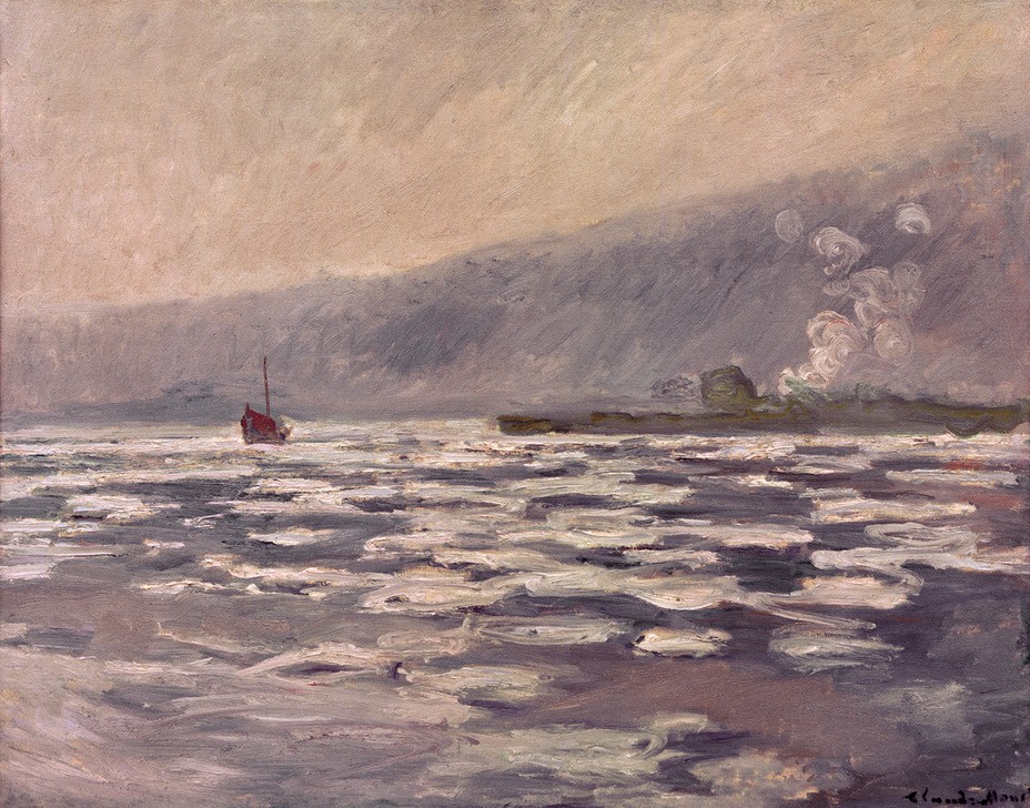 Claude Monet, Eisschollen bei der Schleuse von Port-Villez (Landschaft,Schiff,Verkehr,Winter,Impressionismus,Fluss,Schleuse,Französische Kunst,Binnenschiffahrt,Eisscholle,Flusschiffahrt,Schifffahrt)