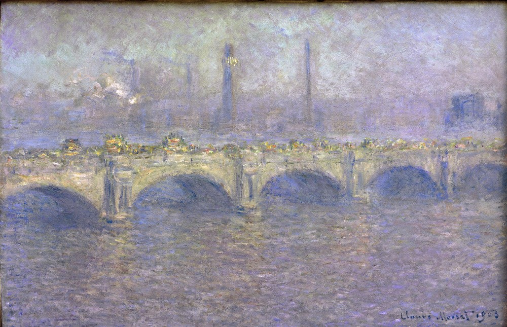 Claude Monet, Waterloo Bridge, effet de soleil (Waterloo Bridge, Sonne) (Brücke,Geographie,Industrie,Schornstein,Impressionismus,Fluss,Architekturdarstellung,Französische Kunst,Sonnenlicht,Jahrhundertwende,Stadtlandschaft,Topographie)