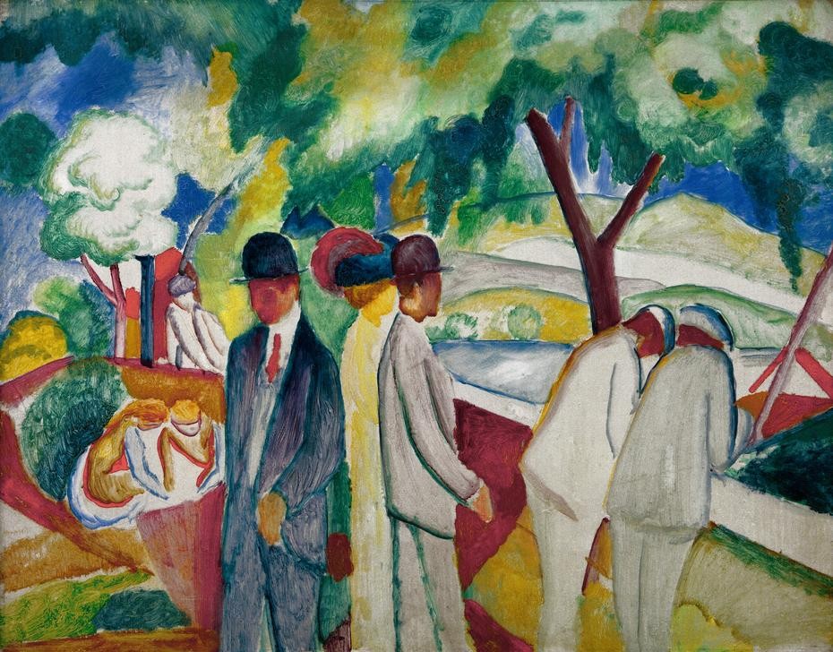 August Macke, Spaziergänger (Großer heller Spaziergang) (Deutsche Kunst,Menschen Im Park,Freizeit,Spaziergang,Expressionismus,Reise,Der Blaue Reiter)