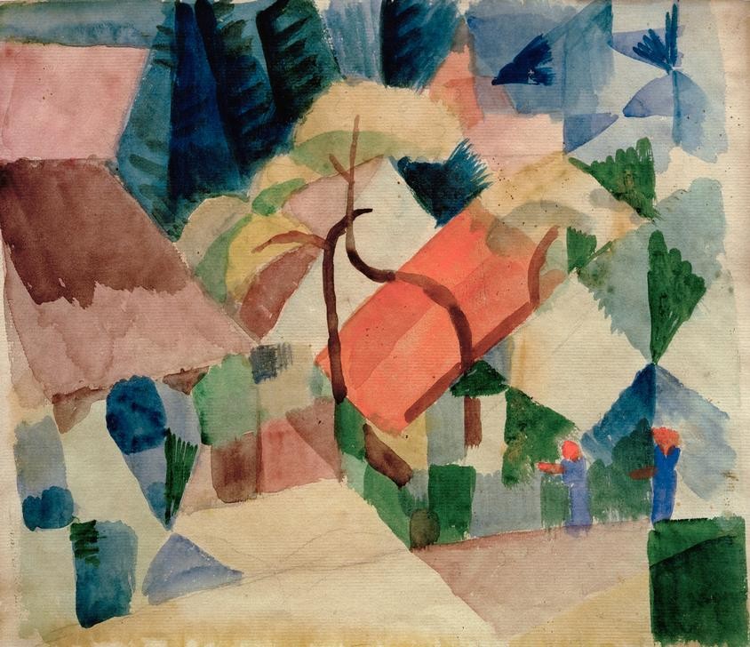 August Macke, Dorfhäuser in Gärten (Deutsche Kunst,Dorf,Kunst,Landschaft,Wohnhaus (Allgemein),Expressionismus,Der Blaue Reiter,Garten)