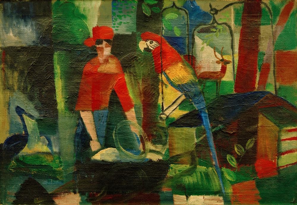 August Macke, Frau mit Papagei in einer Landschaft (Deutsche Kunst,Frau,Mensch,Papagei,Vogel,Expressionismus,Der Blaue Reiter,Frauenleben)
