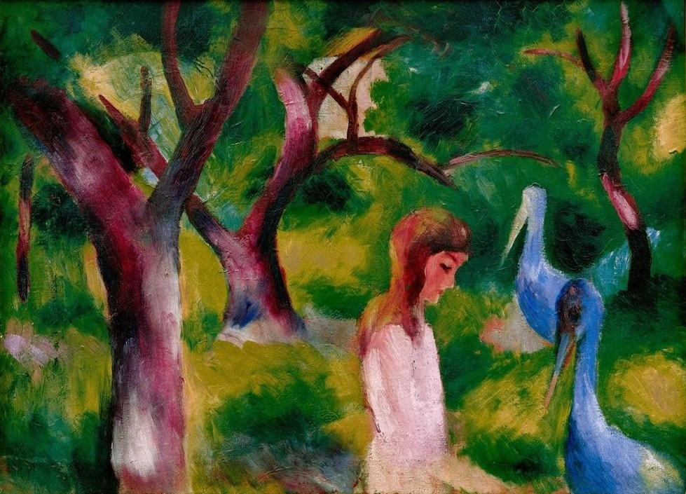 August Macke, Mädchen mit blauen Vögeln (Deutsche Kunst,Kind,Landschaft,Mädchen,Vogel,Expressionismus,Der Blaue Reiter,Kind Und Tier,Lila)