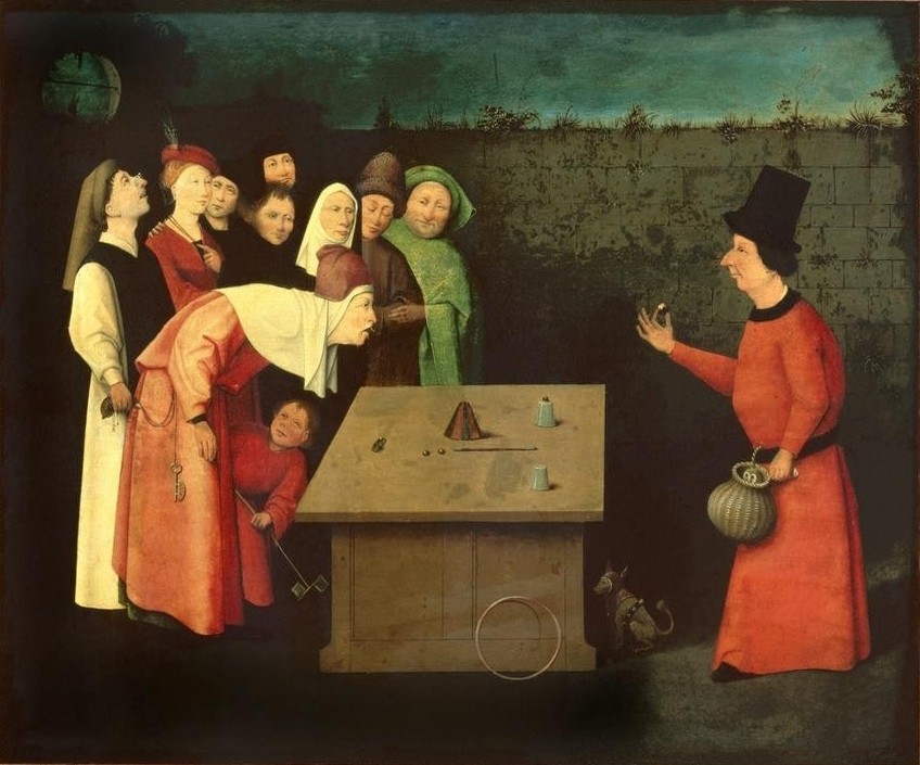 Hieronymus Bosch, Der Taschenspieler (Betrug,Fahrendes Volk,Frosch,Gesellschaft,Spiel,Zauberkünstler,Zylinder (Hut),Taschenspieler,Renaissance,Nonne,Schlüssel,Bürgertum,Kopie,Dressur,Niederländische Kunst,Publikum,Beutelschneider,Gaukler,Gesellschaftskritik,Kaftan,Zuschauen,Hündchen,Zuschauer)