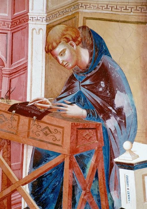 Giotto di Bondone, Gregorius mit einem Schreiber (Kloster,  Mönch, Schreiber,   Scriptorium, Schreibpult, Detail, Klassiker, Gotik, Religion, Christentum, Malerei, Wunschgröße,  Wohnzimmer, bunt)