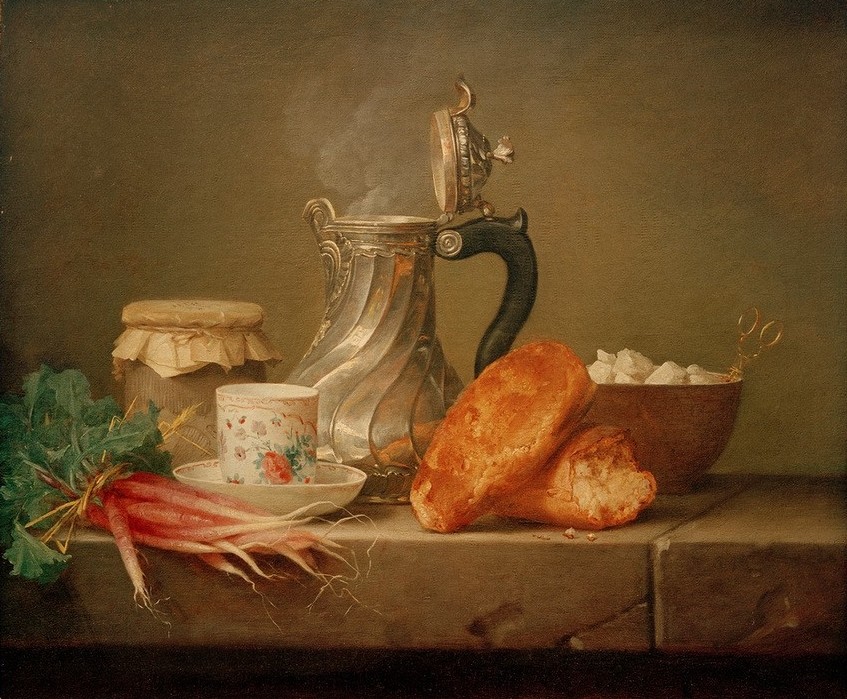 Anne Vallayer-Coster, La Chocolatière - Stillleben mit Silberkrug (Brot,Gemüse,Kakao,Kanne,Kunst,Silber,Zucker,Nahrungsmittel,Rokoko,Marmelade,Frauenkunst,Stillleben,Schale (Gefäss),Französische Kunst,Luxus,Topf,Rettich (Botanik),Trinkgeschirr,Würfelzucker,Dampf,Zuckerzange,Krug,Tasse,Deckelkrug)