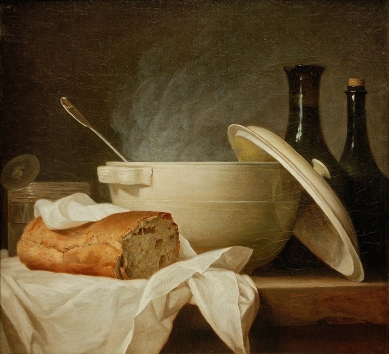 Anne Vallayer-Coster, Die weiße Suppenterrine (Brot,Kunst,Nahrungsmittel,Rokoko,Suppe,Frauenkunst,Stillleben,Flasche,Französische Kunst,Terrine,Dampf,Tuch,Deckel,Kelle (Küchengerät),Geschirr (Haushalt))