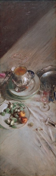 Giovanni Boldini, Tischecke (Aprikose,Essgeschirr,Kunst,Obst,Pflaume,Nahrungsmittel,Realismus,Stillleben,Tischtuch,Teller,Italienische Kunst,Weinglas,Zuckerdose,Gedeckter Tisch,Zinnteller,Geschirr (Schmutziges))