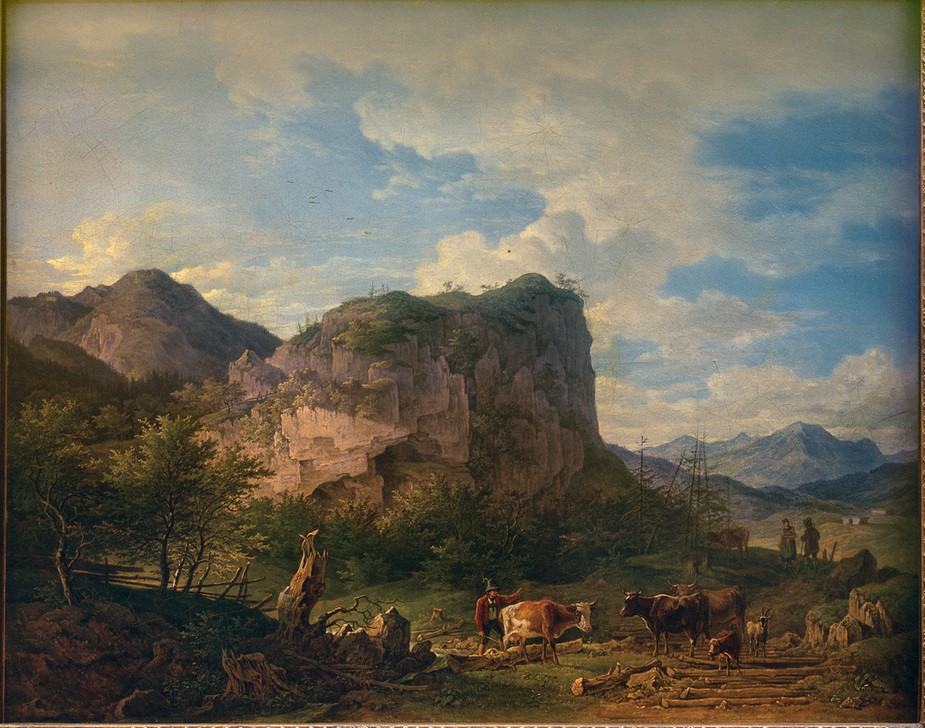 Max Joseph Wagenbauer, Kühe vor einer Felswand bei Oberaudorf (Landschaft, Landschaftsmalerei, Felsen, Kühe, Kuhherde, Hirte, Romantik, Klassiker, Malerei, Wohnzimmer, Wunschgröße)