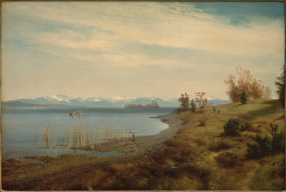 Johann Gottfried Steffan, Vorfrühling am Starnberger See (Landschaft, Landschaftsmalerei, See, Bayern, Berge, Gebirge, Panorama, Jahreszeit, Wunschgröße, Wohnzimmer)