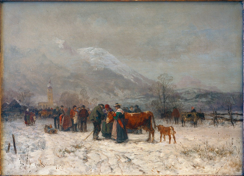 Robert Schleich, Viehmarkt im Winter bei Mittenwald  (Dorf, Dorfleben,Kühe, Winter, Schnee, Bayern, Berge, Gebirge, Nostalgie, rustikal,  Romantik, Wunschgröße, Wohnzimmer,)