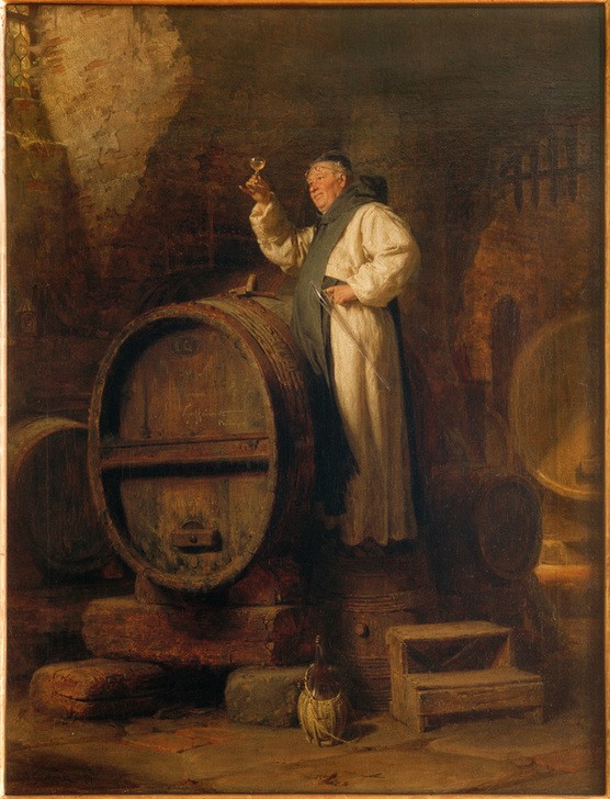 Eduard Grützner, Die Weinprobe im Keller (Weinkeller, Weinfass, Mönch, Weinprobe, Klassiker, Biedermeier, Wunschgröße, Esszimmer, Wohnzimmer, Malerei)