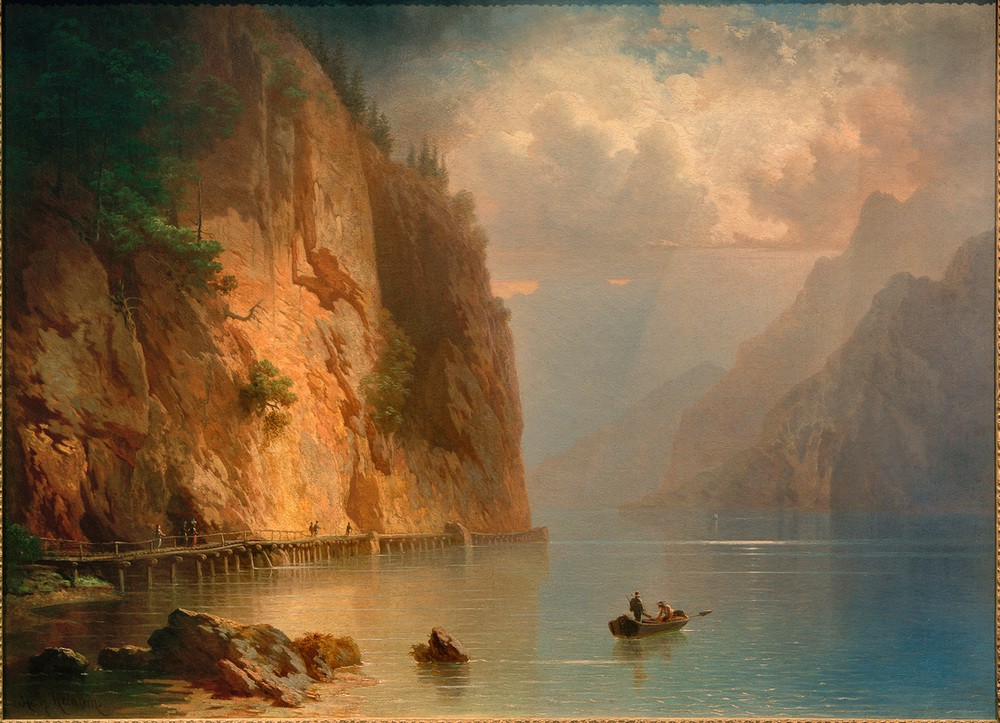 Heinrich Heinlein, Bergsee mit steiler Felswand  (Landschaftsmalerei, See, Berge, Felsen, majestätisch, Boot, Idylle, Romantik, Wohnzimmer, Wunschgröße, Klassiker)