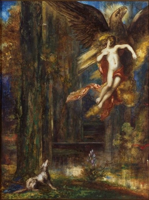 Gustave Moreau, L'Enlèvement de Ganymède (Adler,Kind,Kunst,Mythologie,Wald,Entführung,Symbolismus,Hund,Homosexualität,Fluss,Akt,Jüngling,Götterliebschaften,Französische Kunst,Knabe,Griechisch-Römische Mythologie,Junger Mann)