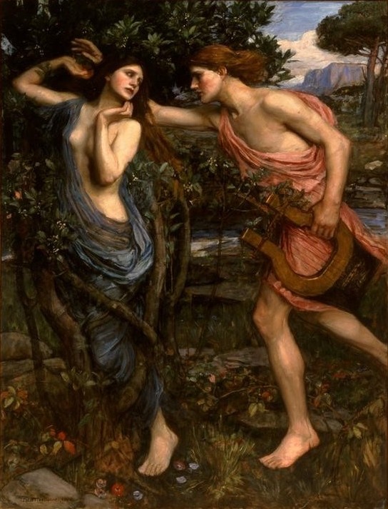 John William Waterhouse, Apollo and Daphne (Kunst,Liebespaar,Literatur,Mythologie,Lorbeer,Nymphe,Begierde,Metamorphose,Baum,Jüngling,Präraffaeliten,Götterliebschaften,Englische Kunst,Verfolgung,Halbakt,Viktorianische Kunst,Antikenrezeption,Jahrhundertwende,Verwandlung,Griechisch-Römische Mythologie)