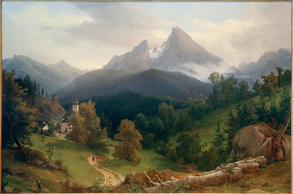 August Wilhelm, Landschaft mit Watzmann  (Landschaftsmalerei, Berge, Gebirge, Gipfel, Watzmann, Deutschland, Wanderweg, Natur, Klassizismus, Klassiker, Wunschgröße, Wohnzimmer,)