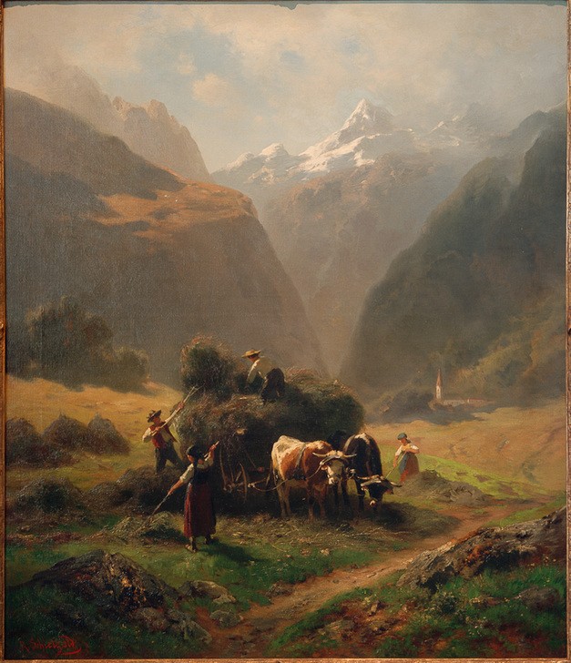 Robert Schietzold, Heuernte im Hochgebirge  (Landschaft, Heuernte, Ochsenkarren, Ernte, Gebirge, Landarbeiter, Realismus, Wunschgröße, Klassiker, Wohnzimmer,)