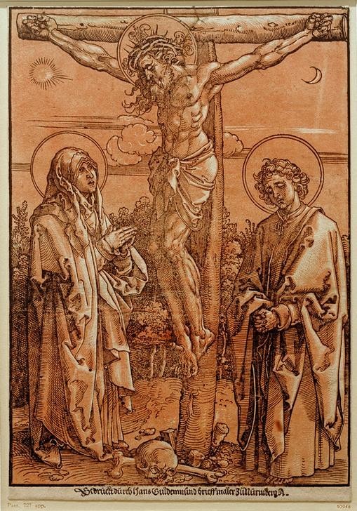 Albrecht Dürer, Christus am Kreuz zwischen Maria und Johannes (Christentum,Deutsche Kunst,Gebet,Kreuz,Kunst,Religion,Renaissance,Neues Testament,Bibel,Kreuzigung,Passion Christi,Gebeine)