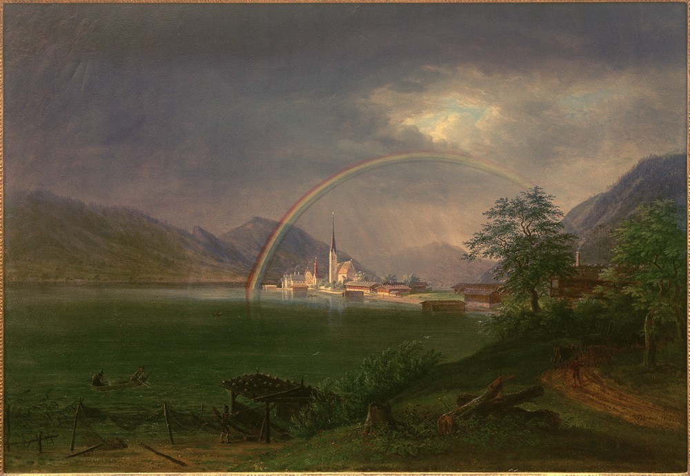 Johann Jakob Biedermann, Egern am Tegernsee mit Regenbogen (Landschaft, Landschaftsmalerei, Unwetter, Wolken, Regenbogen, See, Bayern, Wunschgröße, Klassiker, Wohnzimmer, bunt)
