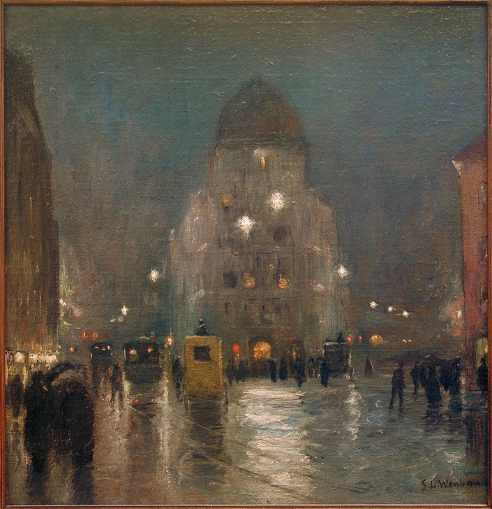 Sion Longley, Blick auf den Stachus in München an einem trübnebeligen Winterabend  (Stadt, München, Nachtszene, Regen, Wetter, Winter, Jahreszeit, Klassische Moderne, Impressionismus, Wunschgröße, Wohnzimmer, Treppenhaus, bunt)