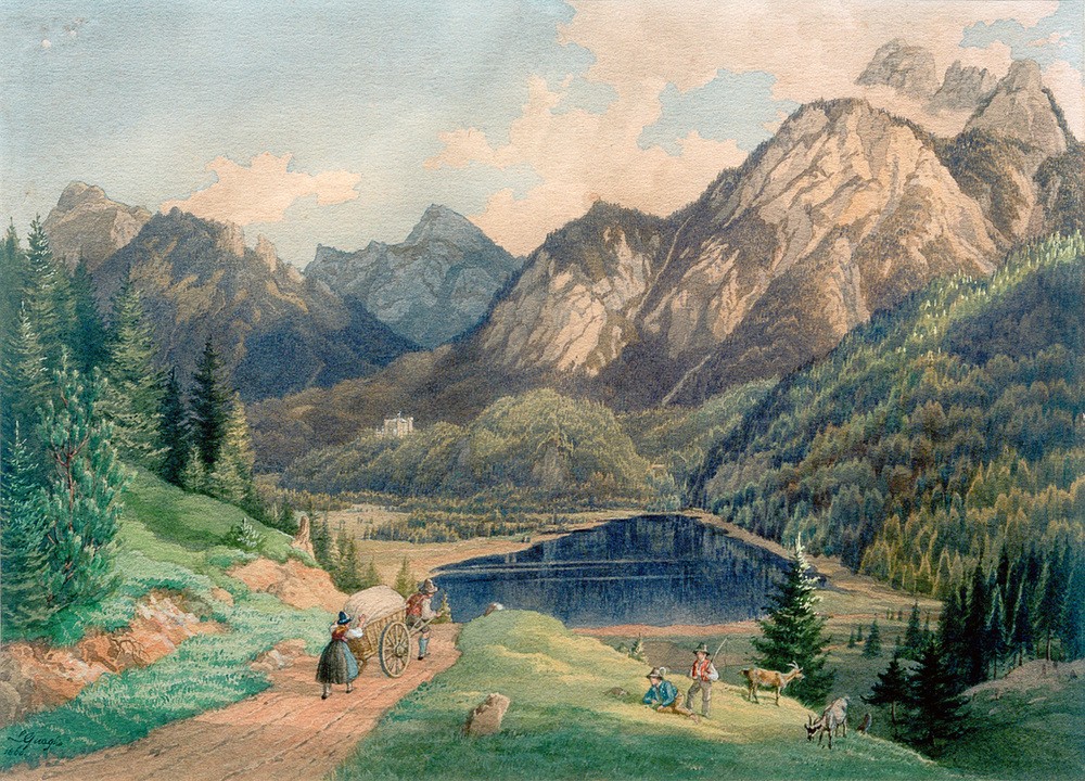 Lorenzo Quaglio, Schwansee bei Füssen  (Landschaft, Berge, Alpen, See, Bayern, Schwangau, Idylle, Barock, Klassiker, Wohnzimmer, Wunschgröße, bunt)