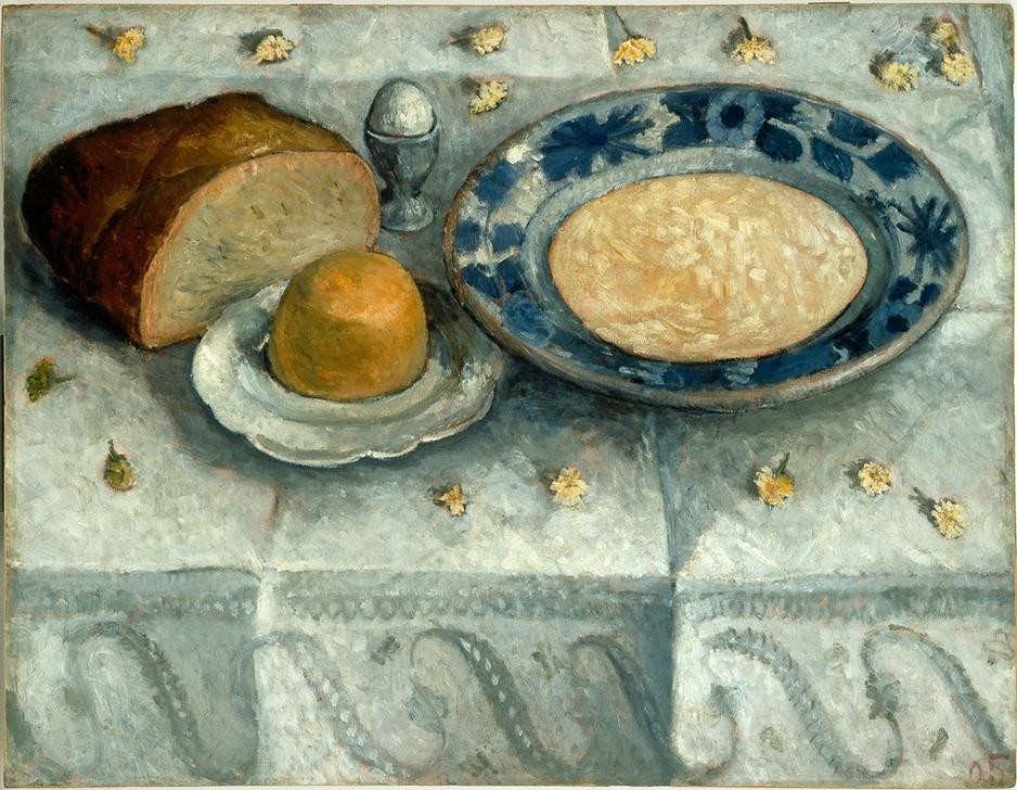 Paula Modersohn-Becker, Stilleben mit Milchsatte (Brot,Deutsche Kunst,Kunst,Milch,Nahrungsmittel,Frauenkunst,Stillleben,Ei,Teller,Worpsweder Künstlerkolonie,Gedeckter Tisch,Eierbecher,Zwischenmahlzeit,Milchsatte)