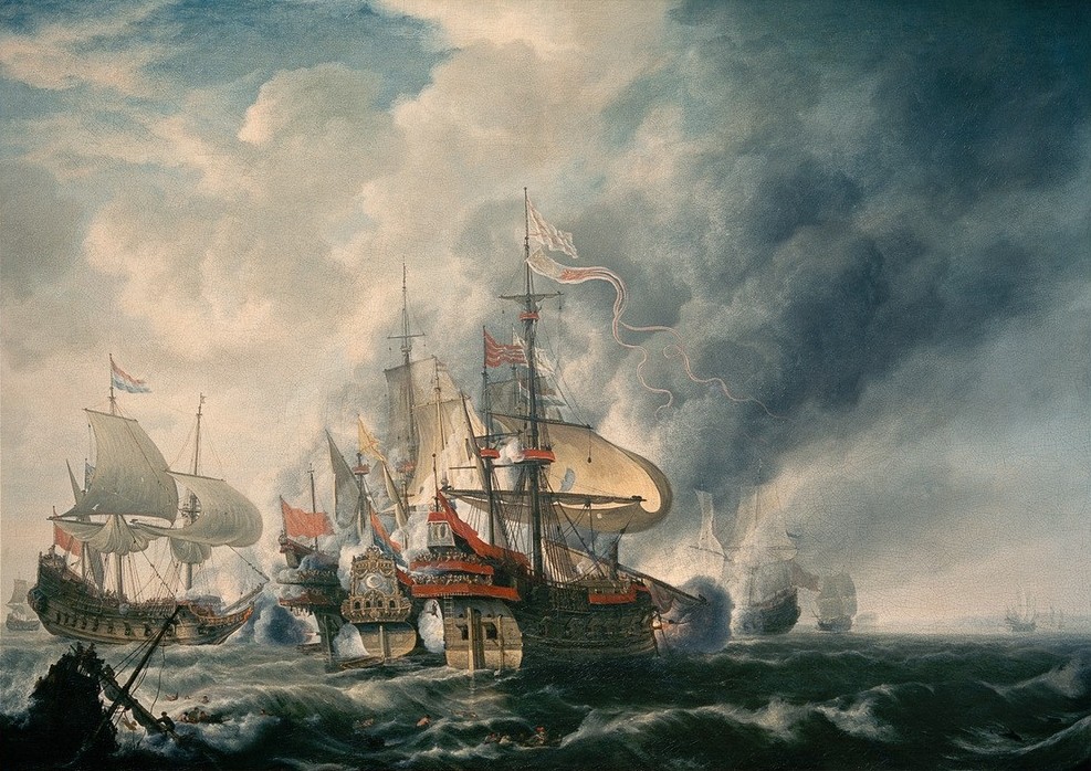 Simon de Vlieger, Admiral Joris van Spilbergen in der Schlacht vor der Küste Perus, 17. Juli 1615 (Expedition,Seefahrer,Geschichte,Kriegsschiff,Kunst,Segelschiff,Kolonialismus,Barock,Schlacht,Seeschlacht,Flotte,Marinemalerei,Niederländische Kunst,Geschützfeuer,Weltumseglung,Ostindische Kompanie (Niederländisch),Schifffahrt)