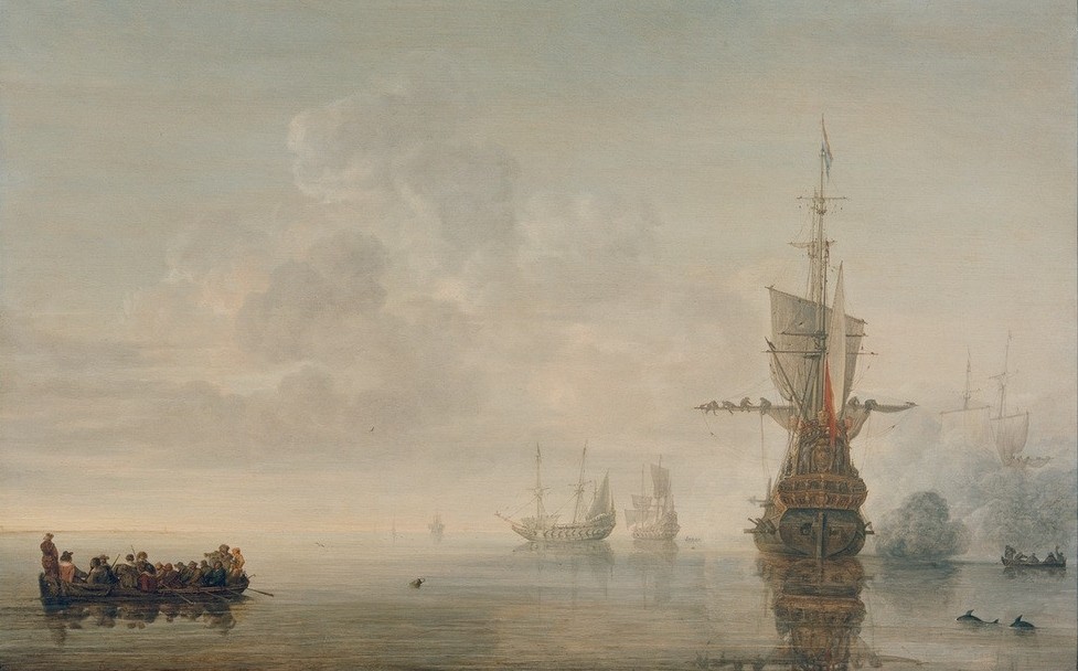 Simon de Vlieger, Das Flaggschiff ""Aemilia"" feuert Salut für Admiral Maerten Harpertsz. Tromp"" (Admiral (Militär),Geschichte,Krieg,Kriegsschiff,Kunst,Marine,Militär,Ruderboot,Schiff,Segelschiff,Dreissigjähriger Krieg,Meer,Barock,Sieg (Erfolg),Seeschlacht,Flotte,Marinemalerei,Niederländische Kunst,Salutschuss,Windstille,Flaggschiff,Spanisch-Niederlän)