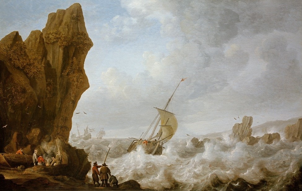 Julius Porcellis, Fischerboot in stürmischer See vor einer felsigen Küste (Fischerei,Himmel (Natur),Küste,Kunst,Landschaft,Meteorologie,Schiff,Wetter,Wolke,Fischerboot,Meer,Segelboot,Barock,Marinemalerei,Brandung,Felsen,Niederländische Kunst,Welle,Schlechtes Wetter,Sturm,Schifffahrt)