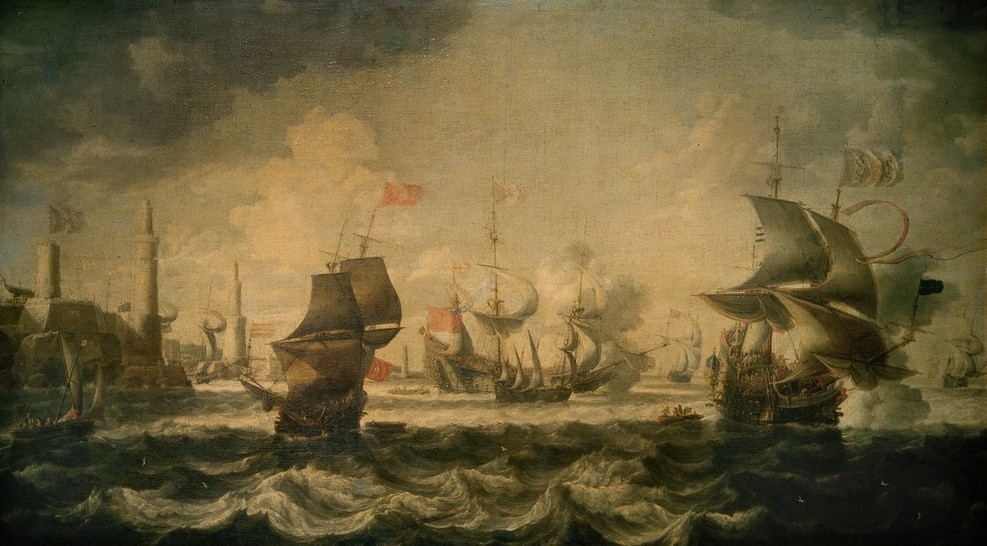 Bonaventura I Peeters, Schiffe vor einem Hafen (Hafen,Himmel (Natur),Küste,Kunst,Landschaft,Schiff,Segelschiff,Verkehr,Wolke,Meer,Barock,Marinemalerei,Niederländische Kunst,Schifffahrt)