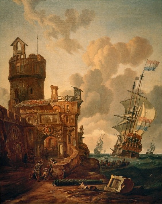 Abraham Storck, Niederländisches Schiff vor einer Festung (Festung,Himmel (Natur),Kunst,Landschaft,Schiffstypen,Segelschiff,Wolke,Meer,Segelboot,Barock,Marinemalerei,Architekturdarstellung,Niederländische Kunst,Holländische Kunst,Dreimaster,Schifffahrt)