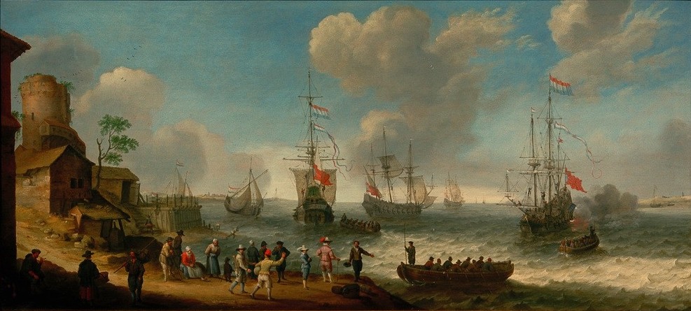 Abraham Willarts, Holländische Schiffe in einer Flussmündung (Himmel (Natur),Kunst,Landschaft,Ruderboot,Schiffstypen,Segelschiff,Wolke,Meer,Segelboot,Barock,Fluss,Landung (Schiffahrt),Marinemalerei,Niederländische Kunst,Holländische Kunst,Ufer,Mündung,Schifffahrt)