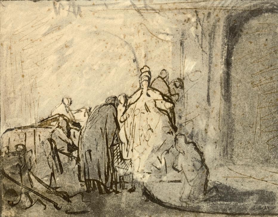 Rembrandt Harmenszoon van Rijn, Der reuige Judas (Christentum,Kunst,Religion,Barock,Neues Testament,Bibel,Pharisäer,Studie,Reue,Niederländische Kunst,Holländische Kunst,Passion Christi,Silberlinge)