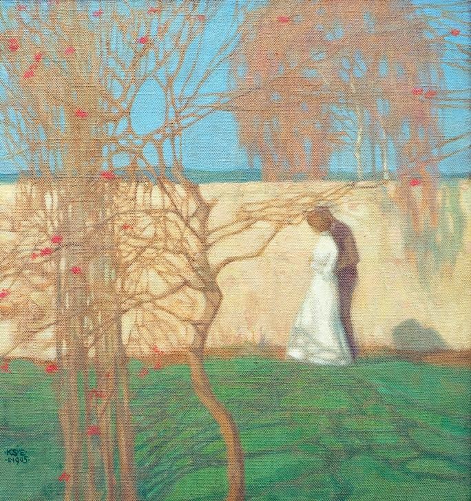 Karl Schmoll von Eisenwerth, Der kahle Garten (Deutsche Kunst,Frau,Herbst,Jugendstil,Landschaft,Mauer (Architektur),Freizeit,Spaziergang,Baum,Reise,Menschen Im Garten,Natur,Ast,Garten)