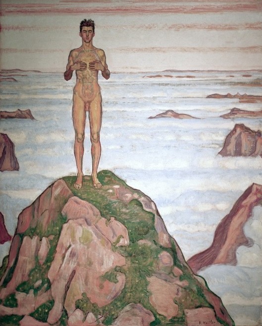 Ferdinand Hodler, Blick ins Unendliche (Regard vers l’infini) (Gebirge,Himmel (Natur),Jugendstil,Landschaft,Mann,Sehnsucht (Gefühl),Symbolismus,Akt,Schweizerische Kunst,Im Freien (Allgemein),Lebensreform,Gipfel,Naturverbundenheit,Frontalansicht)