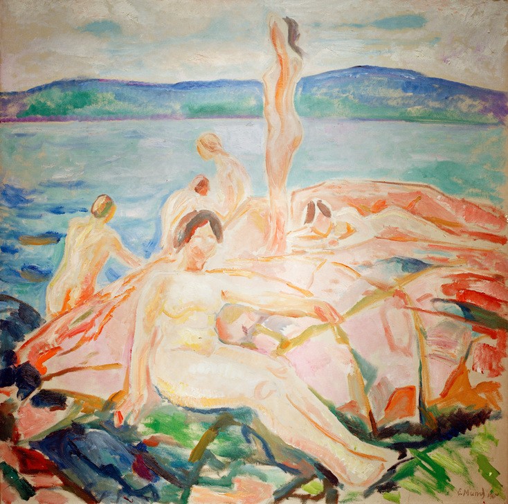 Edvard Munch, Im Hochsommer (Körperpflege,Bad Im Freien,Bad,Frau,Gebirge,Gruppenbild,See,Expressionismus,Norwegische Kunst,Natur,Naturverbundenheit)