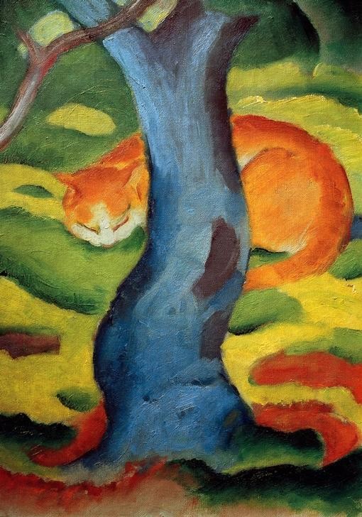 Franz Marc, Kinderbild (Katze hinter einem Baum) (Deutsche Kunst,Katze (Tier),Kunst,Zoologie,Baum,Expressionismus,Der Blaue Reiter,Tierleben,Tier,Baumstamm,Schlafen (Schlaf),Farbigkeit)