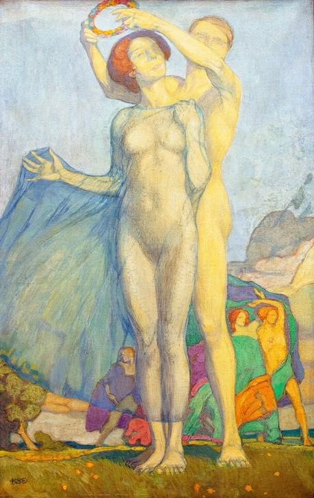 Karl Schmoll von Eisenwerth, Reigen (Brautpaar,Deutsche Kunst,Frau,Jugendstil,Liebe Und Ehe,Liebespaar,Mann,Mensch,Reigen (Tanz),Tanz,Akt,Im Freien (Allgemein),Brautkranz,Brautwahl)