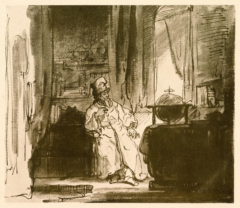 Rembrandt Harmenszoon van Rijn, Der Philosoph (Arbeitszimmer,Gelehrter,Globus,Mann,Philosoph,Wissenschaft,Barock,Philosophie,Wissenschaftler,Portrait,Nachdenken,Interieur,Niederländische Kunst,Holländische Kunst,Kontemplation,Sitzen)