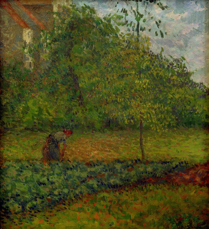 Camille Pissarro, Paysanne dans un potager à Pontoise (Arbeit,Frau,Kunst,Landschaft,Gemüsegarten,Impressionismus,Bäuerin,Gartenarbeit,Französische Kunst,Menschen Im Garten,Frauenleben,Nutzgarten,Garten)