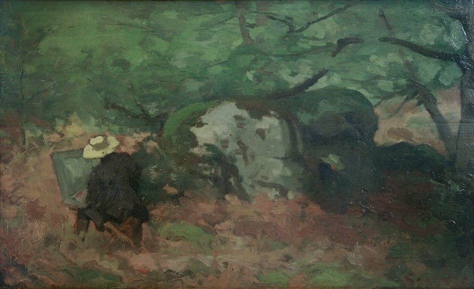 Alfred Sisley, Le peintre Monet dans la Forêt de Fontainebleau (Freilichtmalerei,Künstlerleben,Künstler,Maler (Künstler),Szene,Wald,Staffelei,Impressionismus,Künstler Bei Der Arbeit,Rückenfigur,Französische Kunst,Sonnenhut,Person)