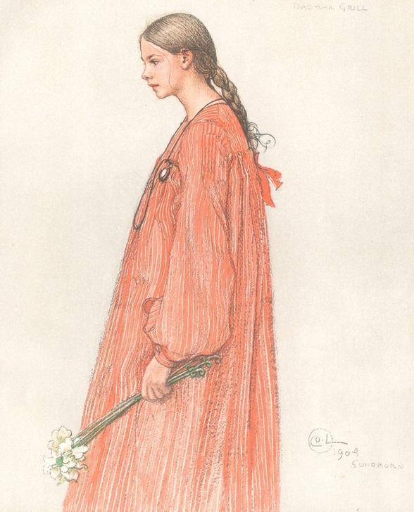 Carl Larsson, Bildnisstudie (Kindermode,Kind,Lilie,Mädchen,Mensch,Mode,Unschuld,Portrait,Zopf,Jungfrau,Schwedische Kunst,Profil,Streifen,Kniestück,Stupsnase)