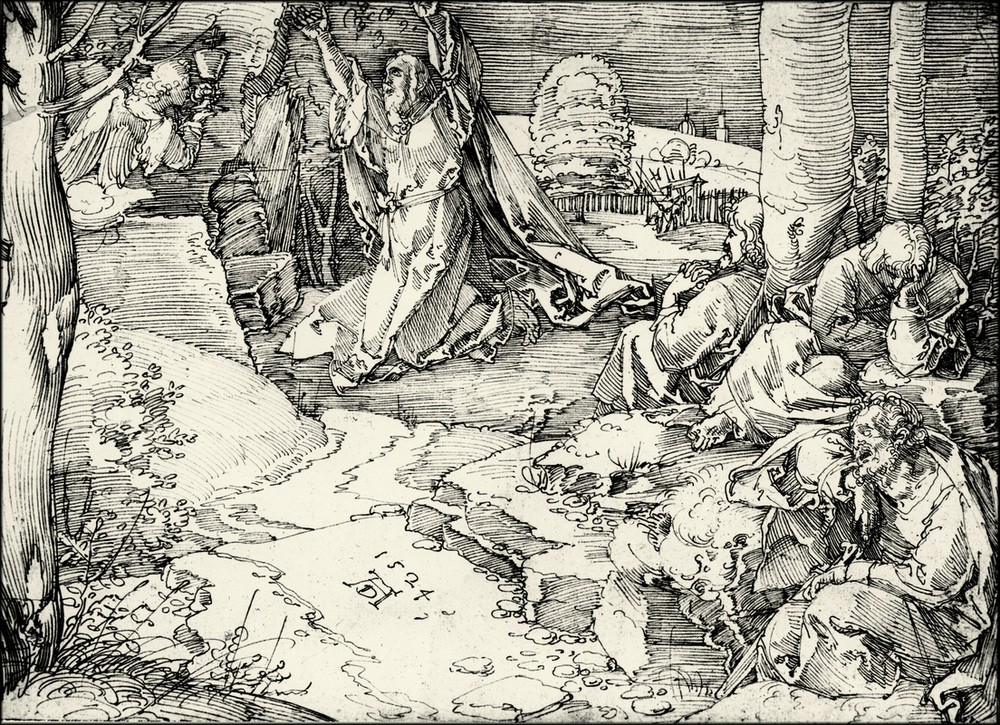 Albrecht Dürer, Christus am Ölberg (Christentum,Deutsche Kunst,Religion,Renaissance,Neues Testament,Bibel,Jünger,Garten Getsemane,Passion Christi,Verzweiflung,Leidenskelch,Schlafen (Schlaf))