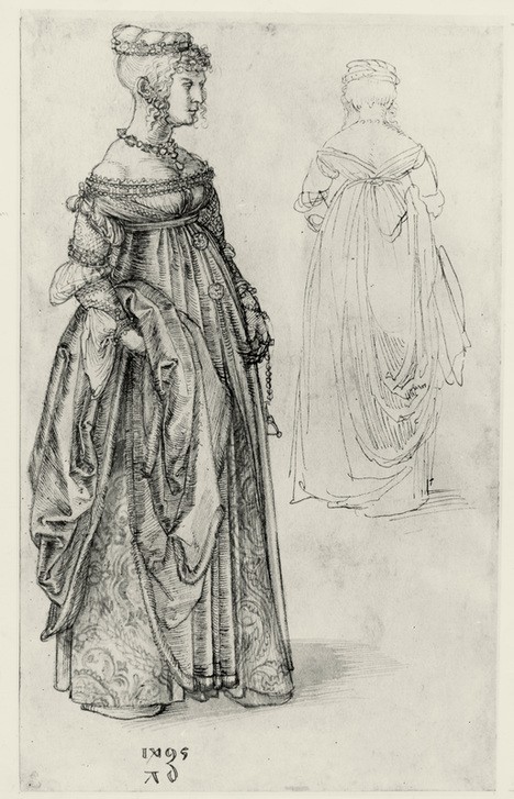 Albrecht Dürer, Frau in venezianischem Kostüm, daneben dasselbe Kostüm von rückwärts (Damenmode,Deutsche Kunst,Mode,Tracht,Volkskunde,Renaissance,Rückenfigur,Modezeichnung,Land Und Leute)
