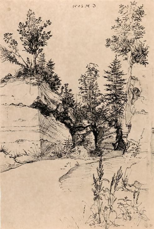 Albrecht Dürer, Ausgang aus einem Steinbruch (Deutsche Kunst,Kunst,Landschaft,Steinbruch,Renaissance,Studie,Felsen,Naturstudie)