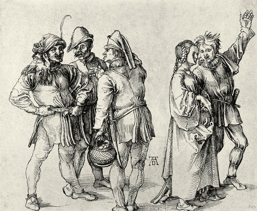 Albrecht Dürer, Marktbauern im Gespräch und junges Paar (Bauer (Landwirt),Deutsche Kunst,Gruppenbild,Liebespaar,Mann,Markt,Mode,Tracht,Volkskunde,Renaissance,Bäuerin,Junges Paar,Land Und Leute,Landwirtschaft,Arbeitskleidung,Unterhaltung (Gespräch))